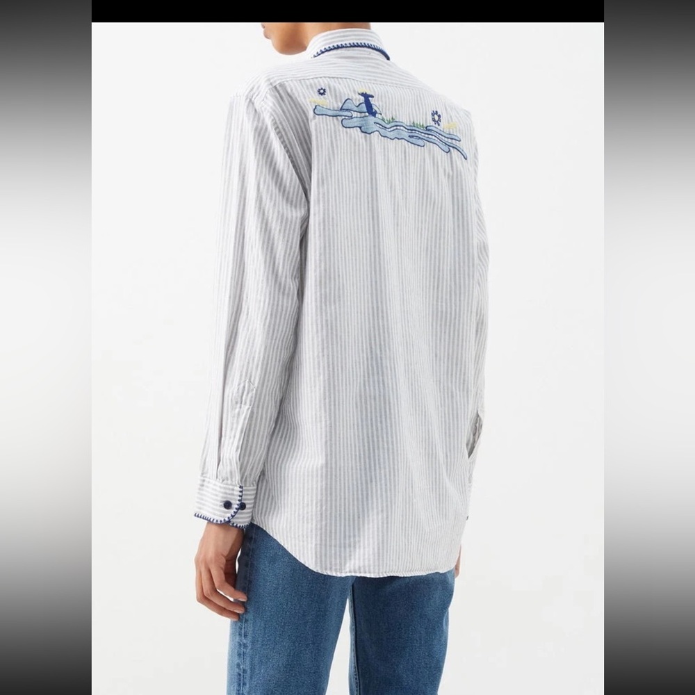 Re/Done UPCYCLED EMBROIDERED STRIPED COTTON SHIRT IN WHITE Small